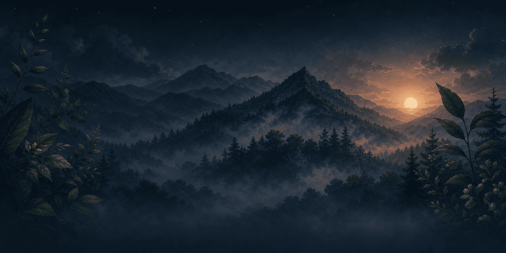 Misty mountain forest at dusk