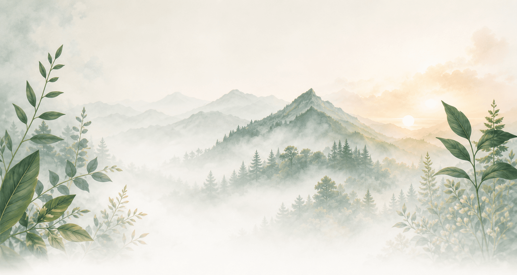 Misty mountain forest at sunrise